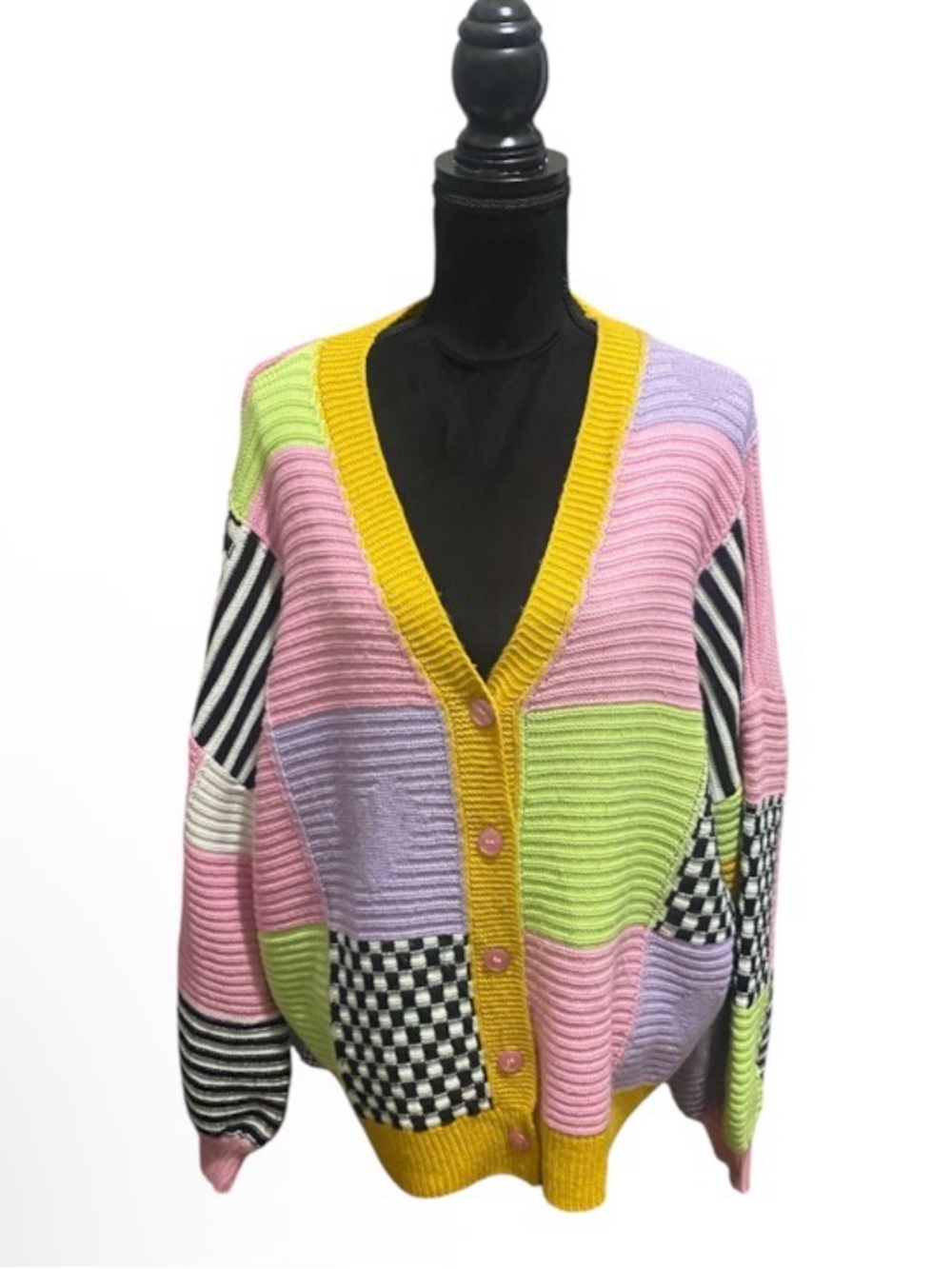 Colorblock Patchwork V-Neck Cardigan - Picture 2 of 5